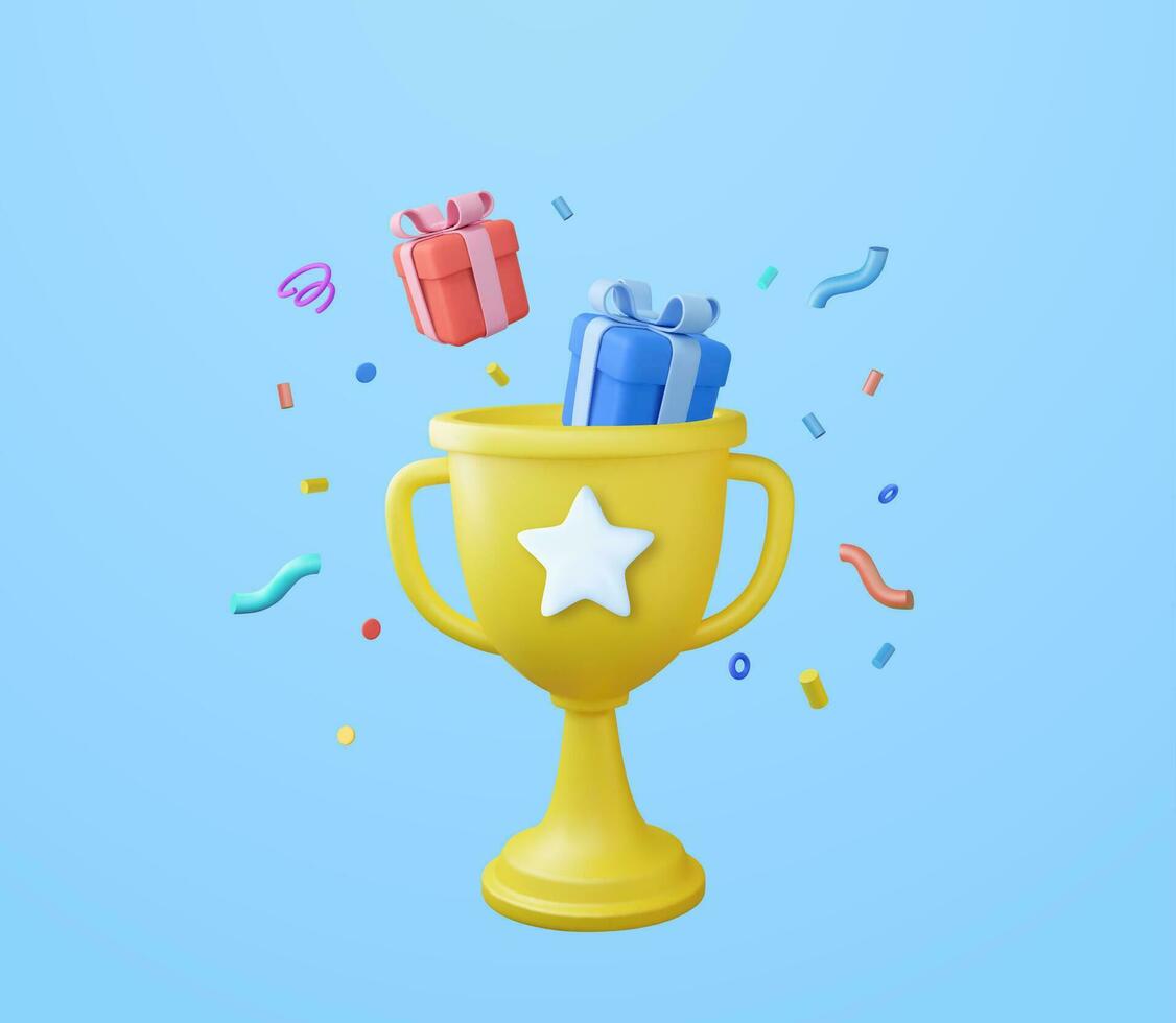 3D Trophy cup with floating gift and geometric shapes on blue background, celebration, winner, champion and reward concept. Business success concept. 3d rendering. Vector illustration