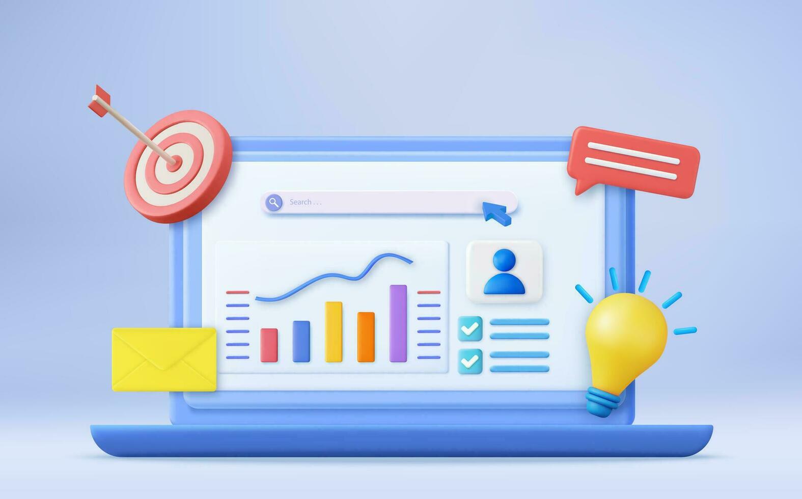 3d Financial report chart, data analysis, and web development concept. Business strategy. Landing page template. Business analysis, content strategy. 3d rendering. Vector illustration