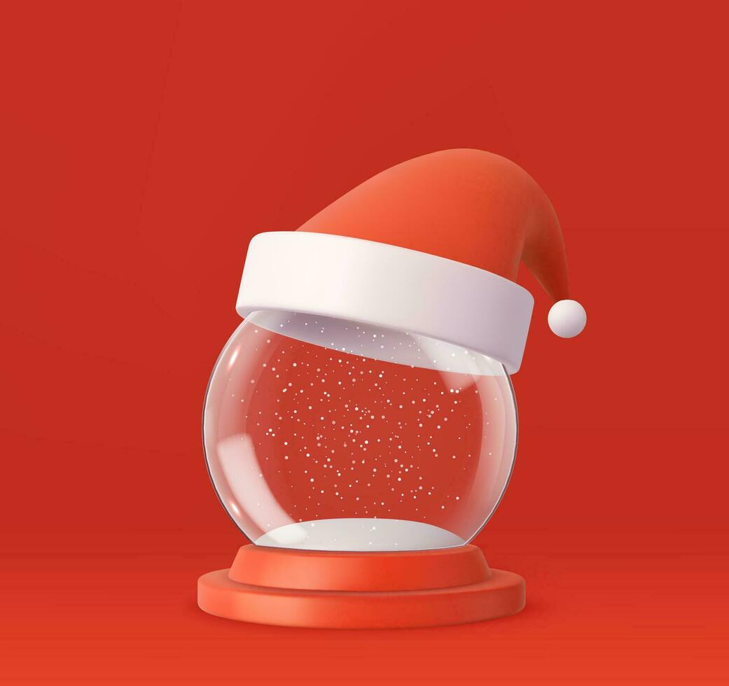 3d Navidad bola de nieve con Papa Noel sombrero. realista tradicional invierno fiesta decoración cristal con nieve, copos de nieve adentro. Navidad mágico juguete, vacío esfera. 3d representación. vector ilustración