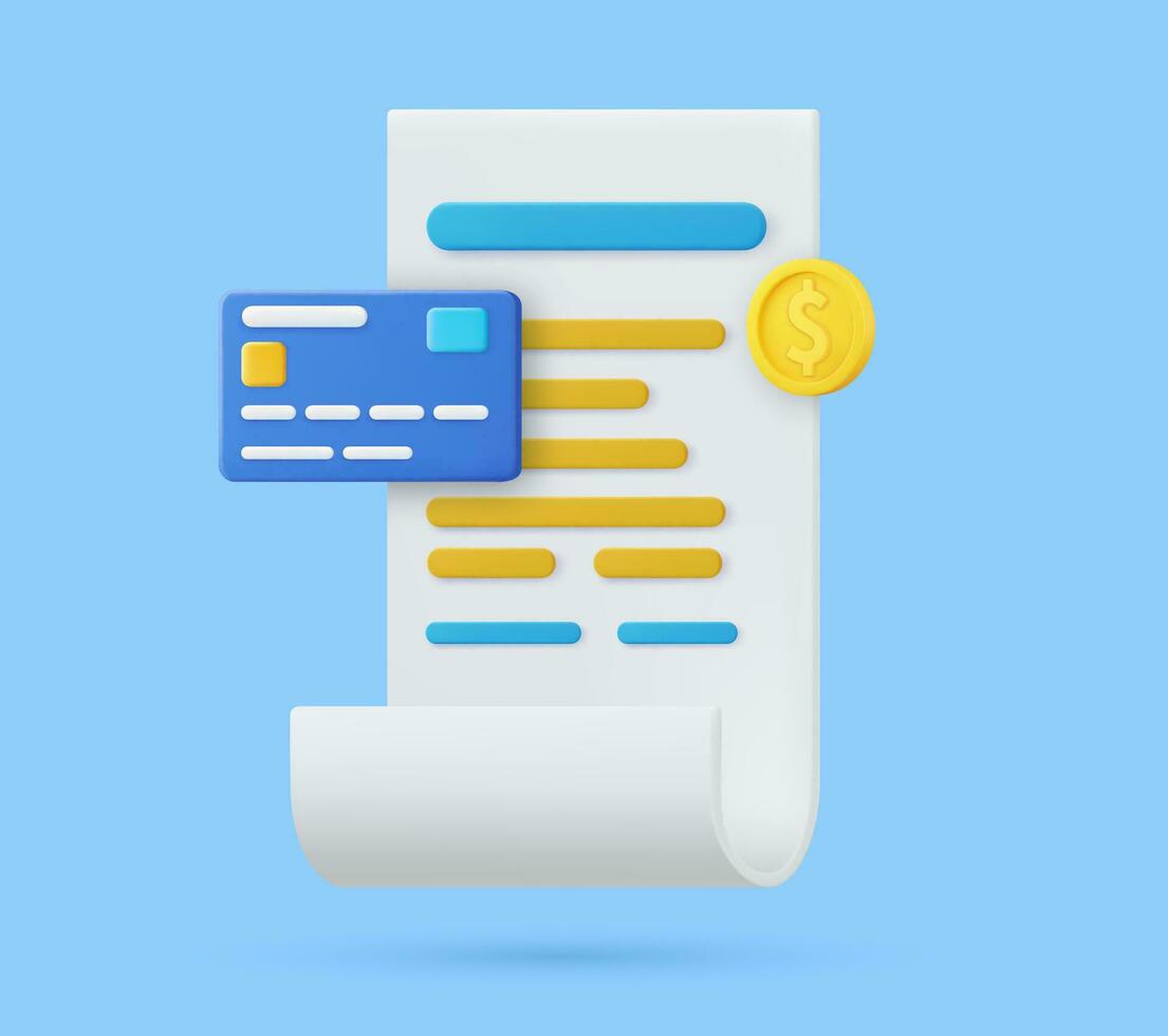 3d Receipt, Invoice, bill icon. 3D bill payment with credit card and financial security for online shopping, online payment credit card 3D with payment protection concept. Vector illustration