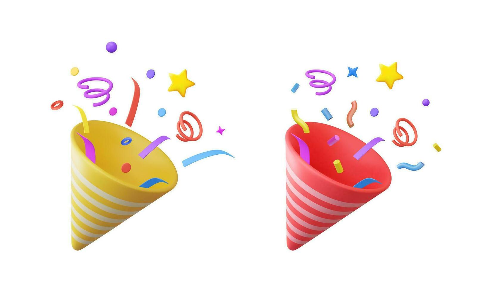 3D Party popper with explosion confetti. Birthday surprise. Firecracker with serpentine. Holiday and event celebration. 3d rendering. Vector illustration