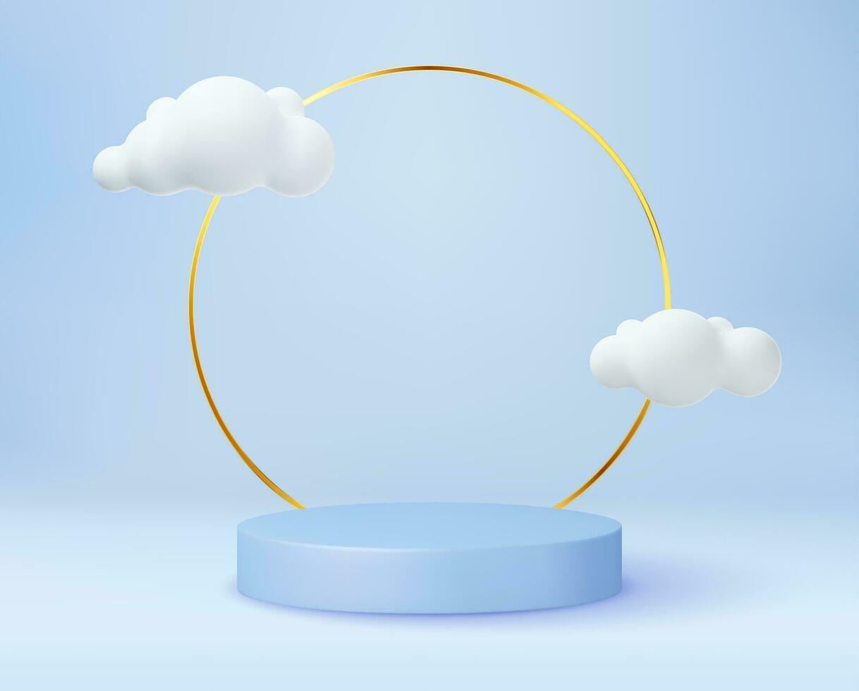 3d blue rendering with podium and minimal cloud scene. Stage 3d render in cloud product platform. mock up geometry shape podium for product display with empty space. Vector illustration