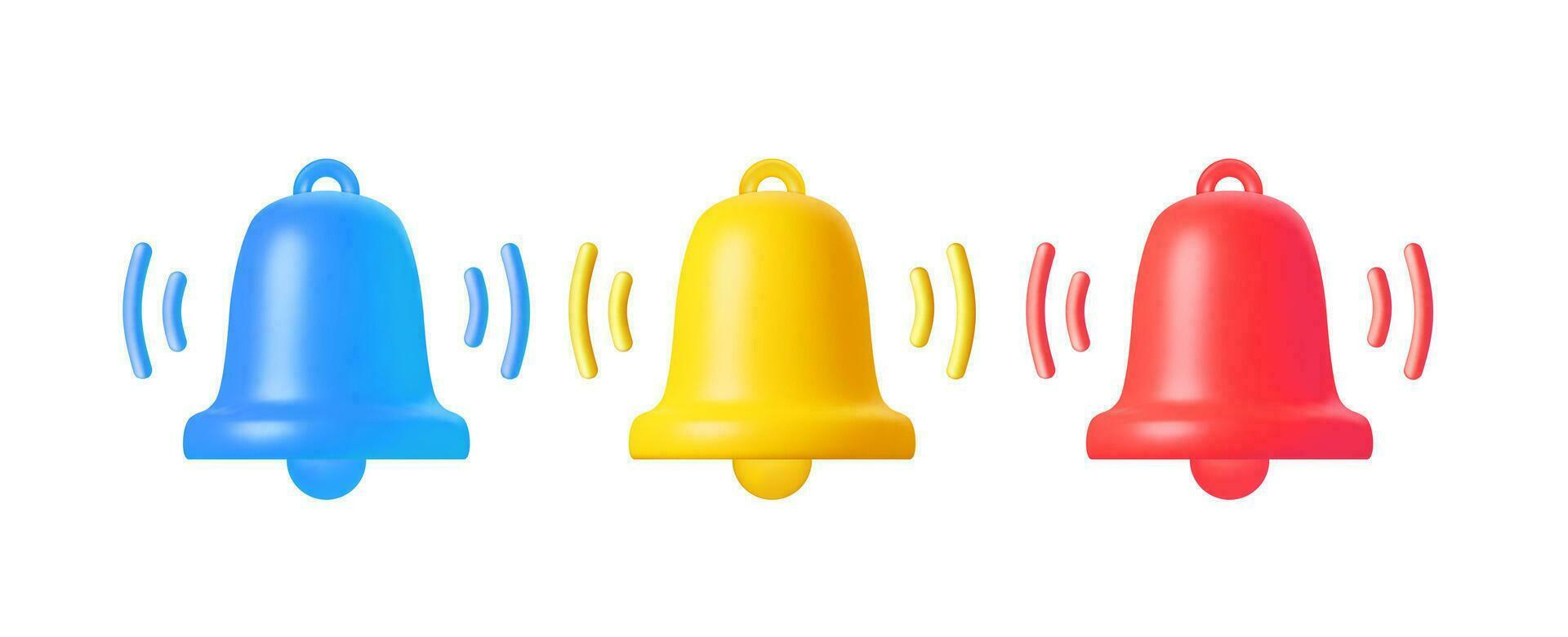 3d render Yellow Bell notifications. Set of Bells Icon. Ringing handbell icons for social media reminder and alert. Vector illustration.