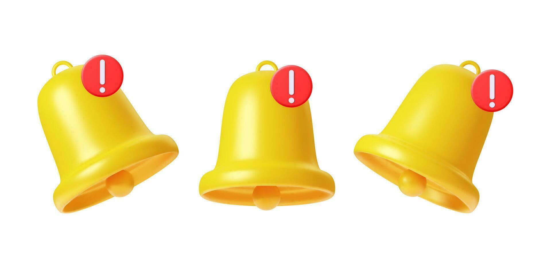 3d render Yellow notifications bell icon with new urgent message isolated on white background. Social media notice event reminder. Set of Bells Icon. Vector illustration