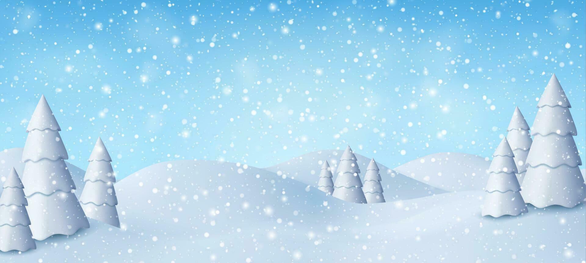 3d Natural Winter Christmas and new year background with blue sky, snowfall, snowflakes, snowdrifts and snowy fir trees.. Winter landscape with falling christmas shining snow. Vector illustration