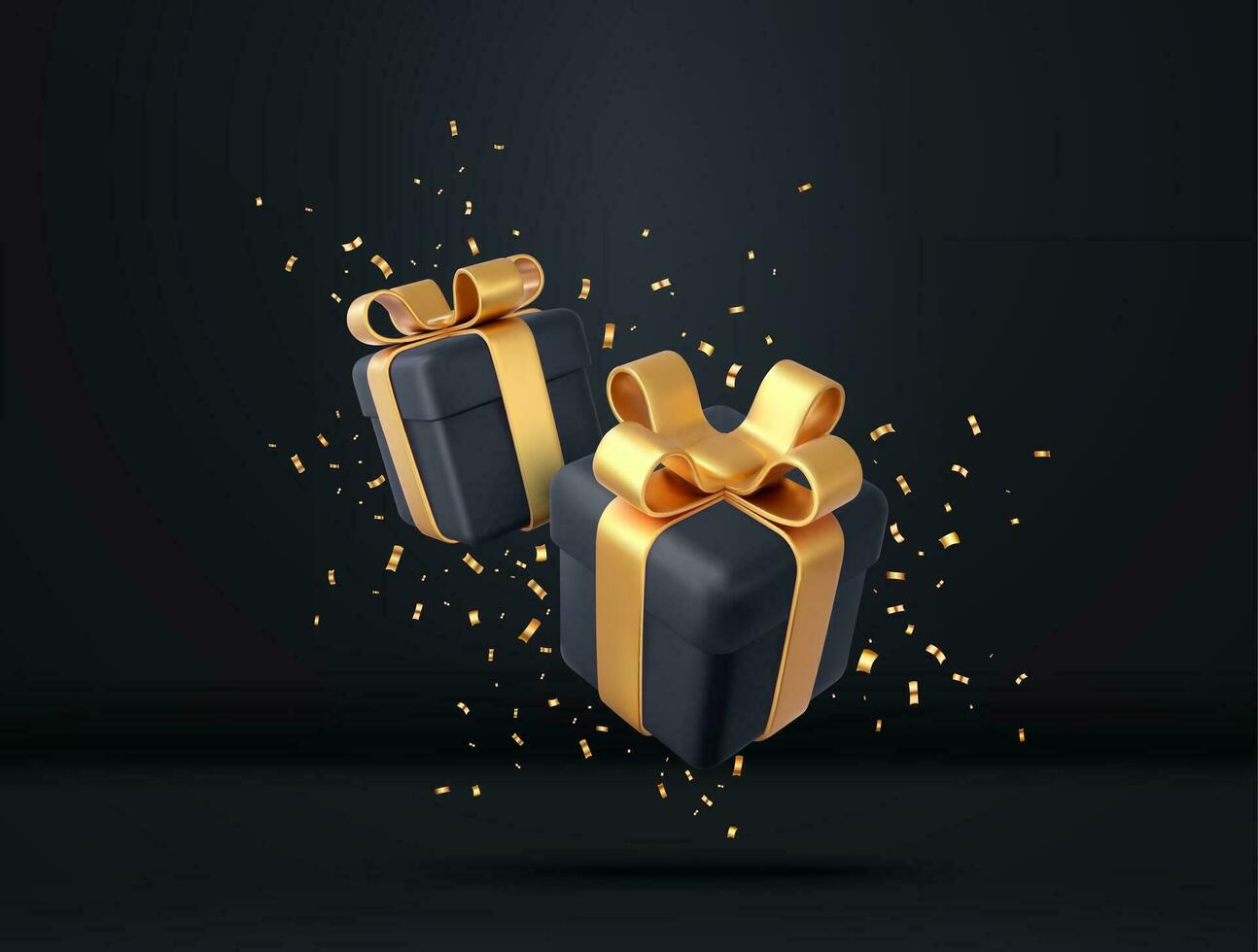 3d black gift boxes with golden ribbon and bow and sequins confetti. Birthday celebration concept. Merry New Year and Merry Christmas gift boxes with golden bows. 3d rendering. Vector illustration