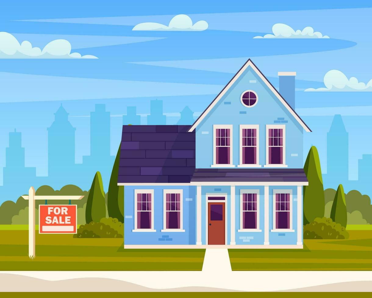 Real estate concept. House for sale. Suburban house with sign for sale. cartoon residential cottage with cityscape on background. Vector illustration in flat style