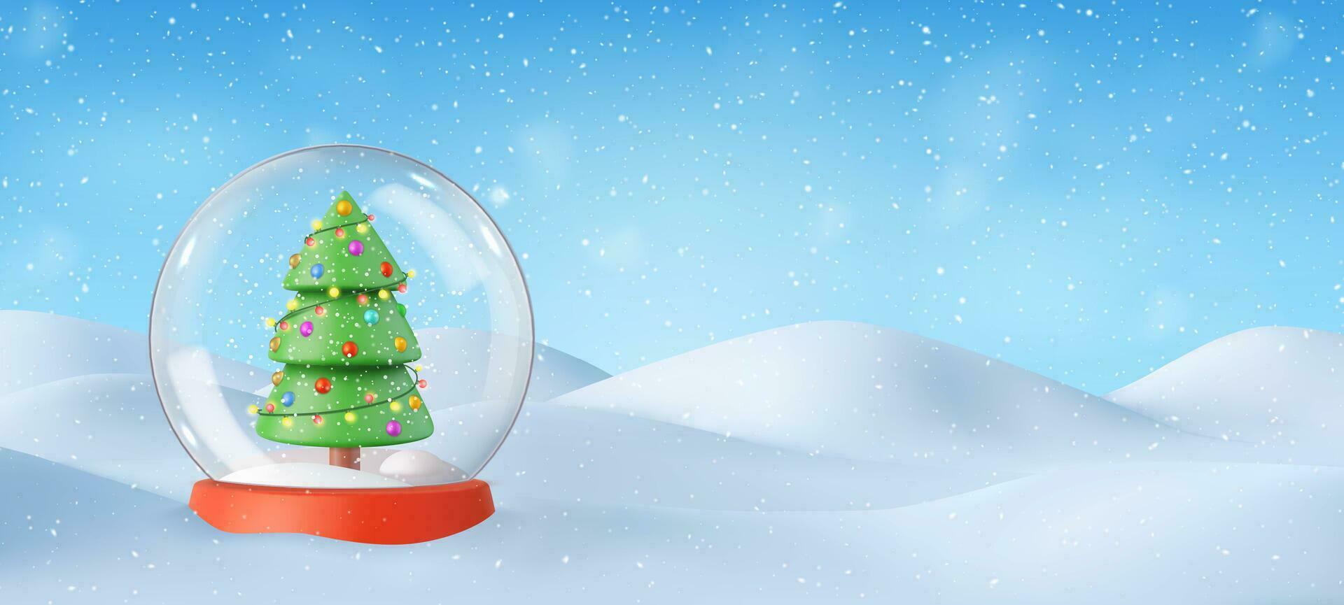 3d nieve globo con Navidad árbol en nieve vector