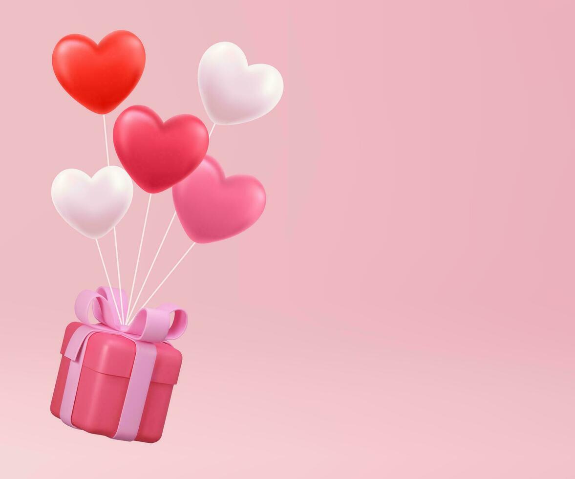 Valentine s day concept. 3D heart hot air flying with gift box on pink background. Love concept for happy mother s day, valentine s day, birthday day. Vector illustration