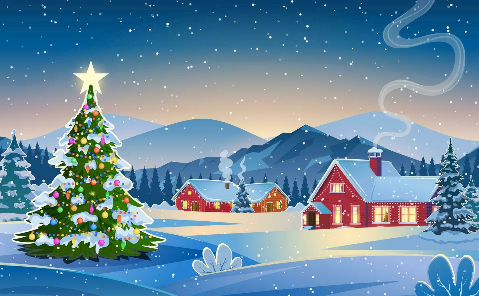 invierno nieve paisaje y casas con Navidad árbol. concepto para saludo o postal tarjeta. invierno nieve paisaje y casas con copos de nieve que cae desde cielo. vector ilustración.