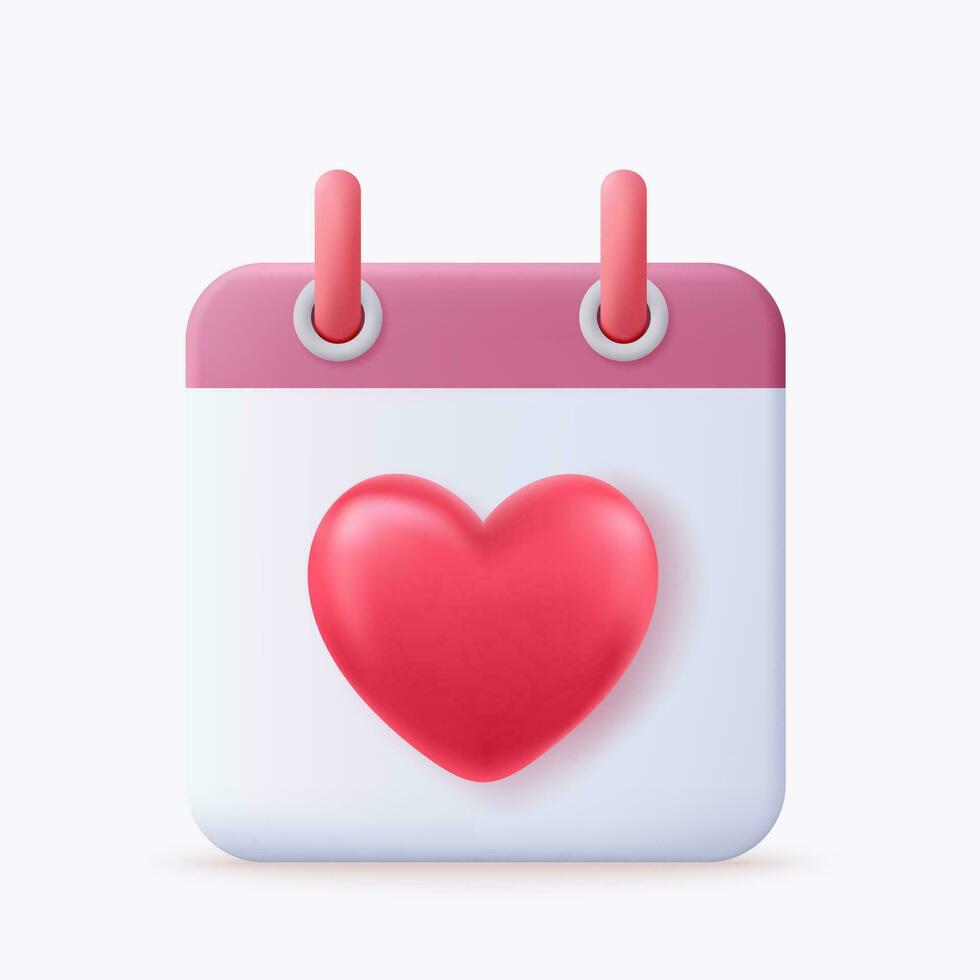 3d calendario, notas recordatorio. organizador icono con rojo corazón. realista elementos para romántico diseño 3d representación. vector ilustración