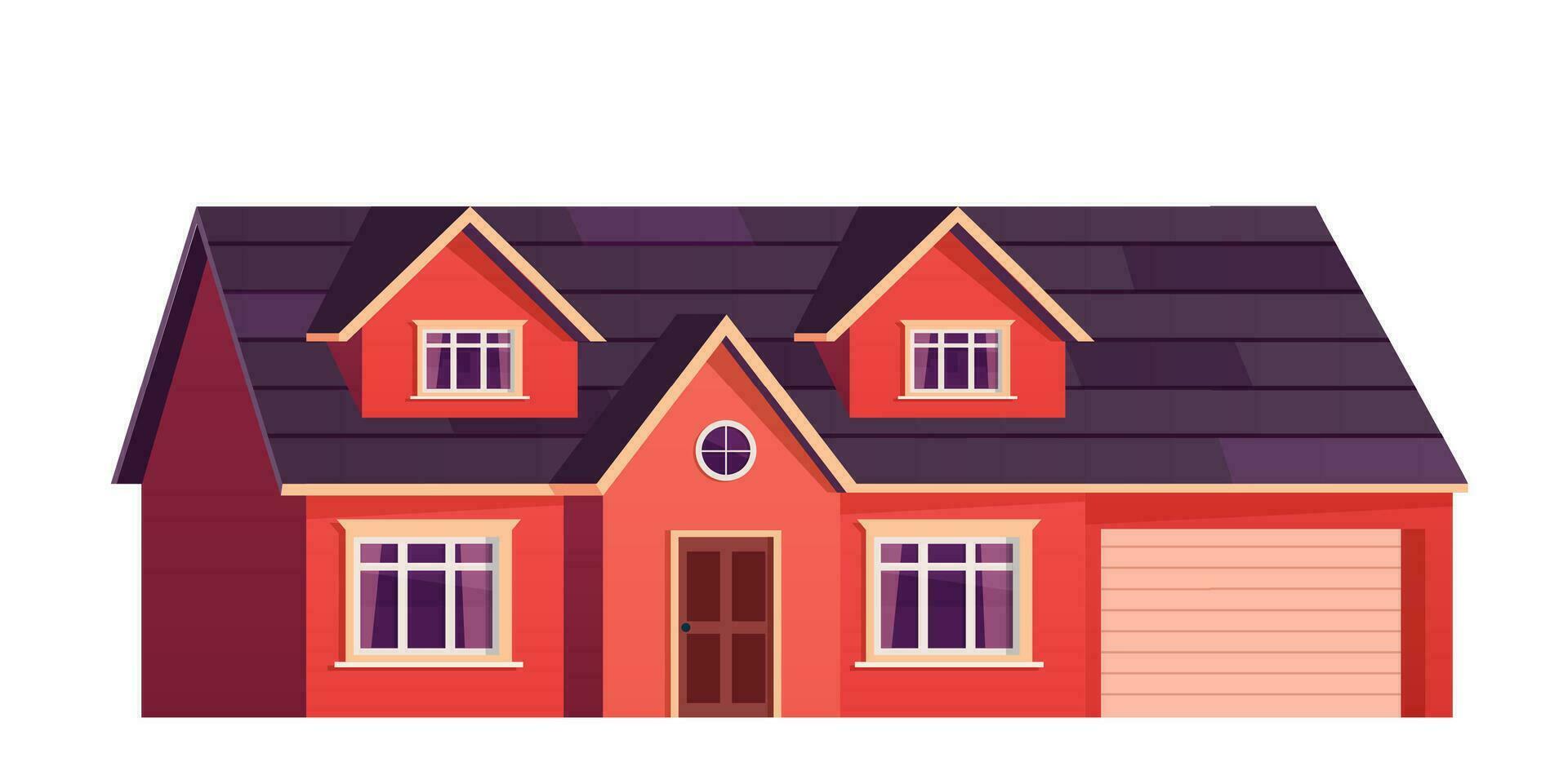 cute cartoon house. Two storey dwelling place with garage. Townhouse building. Home facade with door and windows. Vector illustration in flat style
