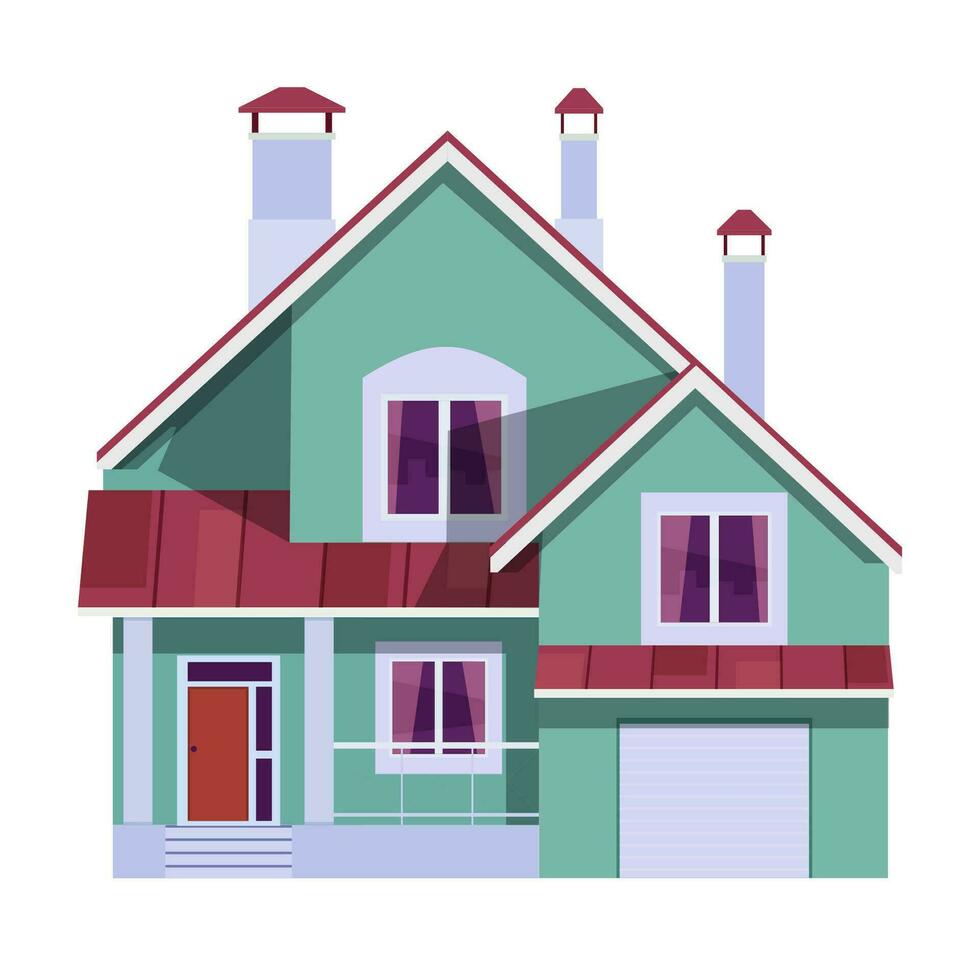 cute cartoon house. Two storey dwelling place with garage. Townhouse building. Home facade with door and windows. Vector illustration in flat style