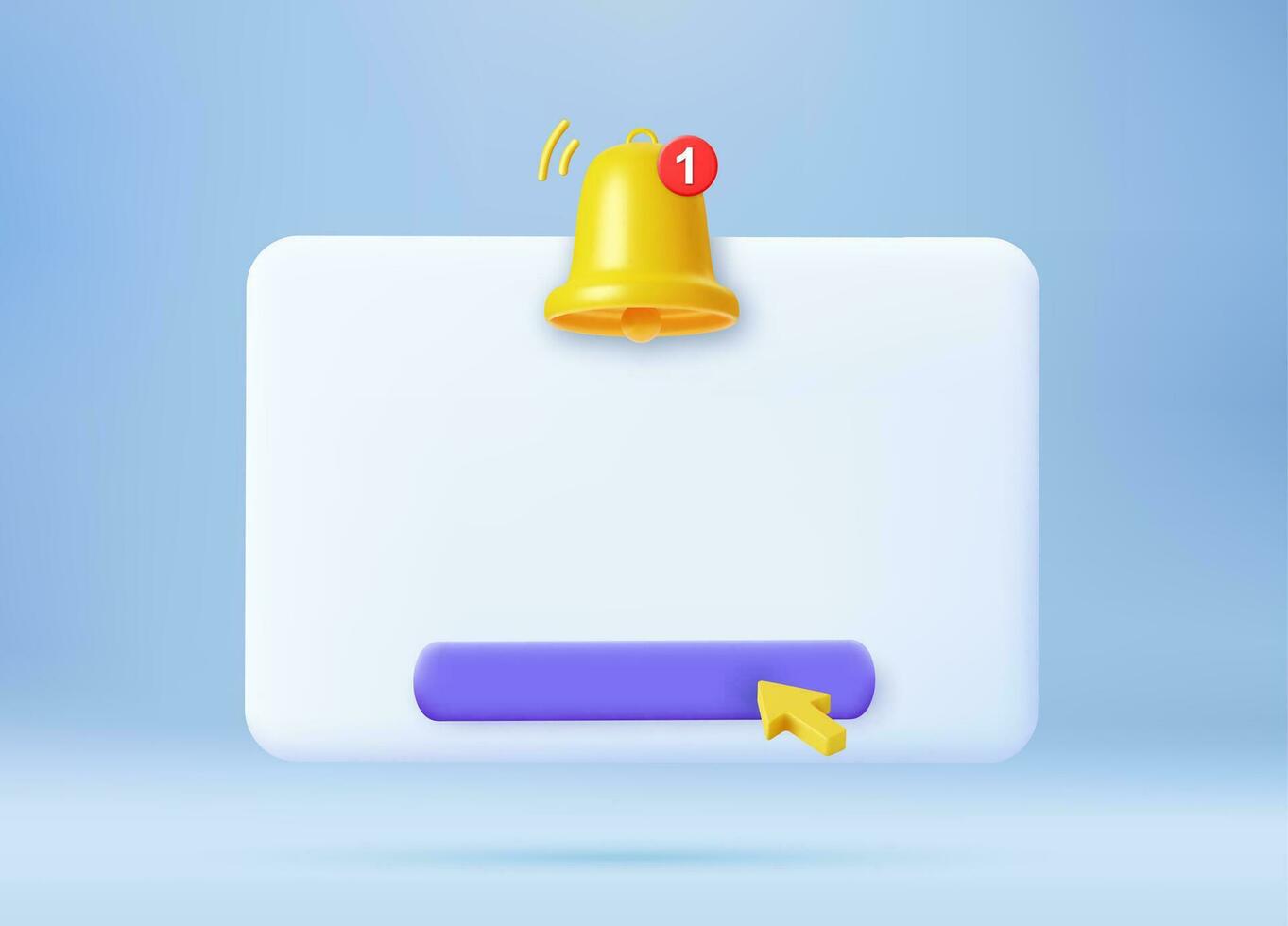 3d render Empty reminder popup, push notification icon with Cute yellow bell. 3D Model render for design. Email web symbol, mobile phone app, template, copy space. Vector illustration