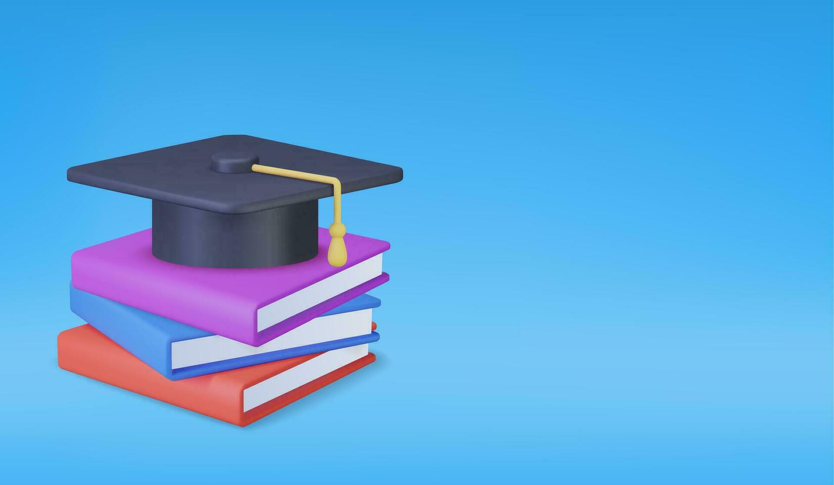 3d graduación gorra y libro. educación concepto. espalda a escuela, bandera diseño modelo. 3d representación. vector ilustración