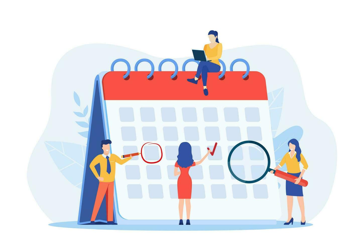 Planning schedule, business event and calendar concept. People with schedule, pen and notes organize meeting. Planning strategy and time management. Vector illustration in flat style