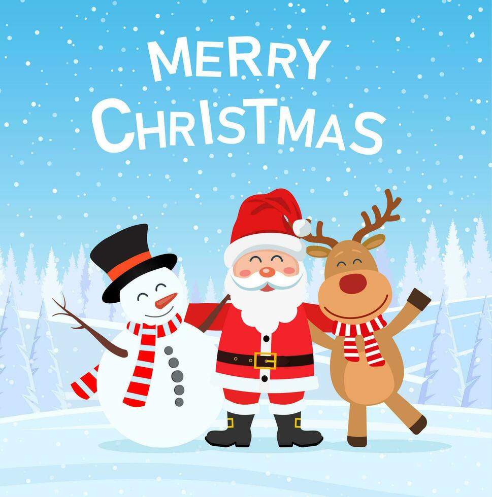 alegre Navidad y contento nuevo año antecedentes y tarjeta, Papa Noel noel, reno, monigote de nieve dibujos animados lindo. vector ilustración en plano estilo