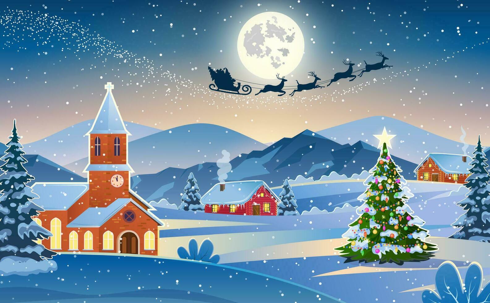 Winter snow landscape and houses with christmas tree. concept for greeting or postal card. background with moon and the silhouette of Santa Claus flying on a sleigh. vector illustration.