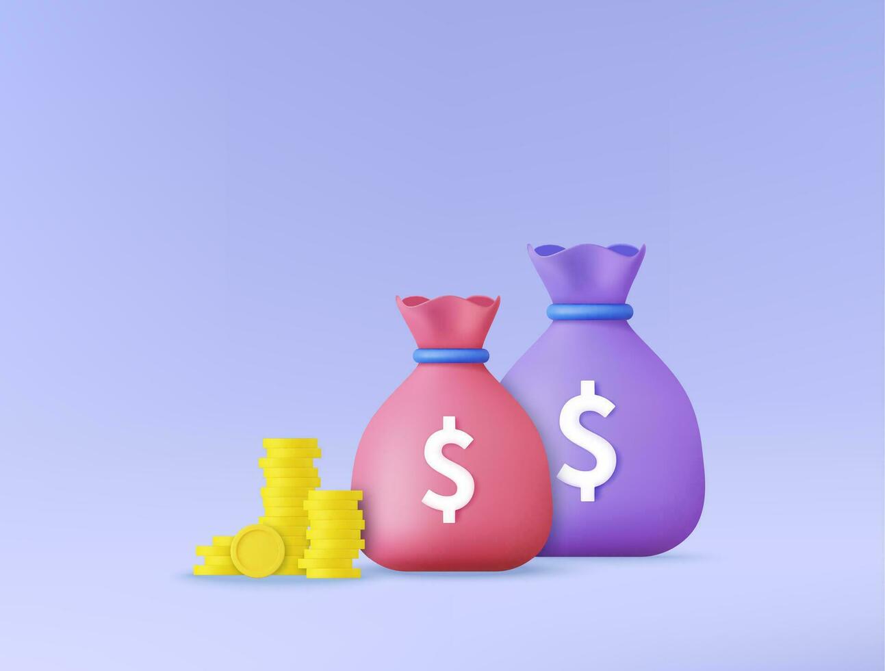 3d Money bags and stacks of golden coins. saving bank concept. 3d rendering. Difference money bags. Vector illustration