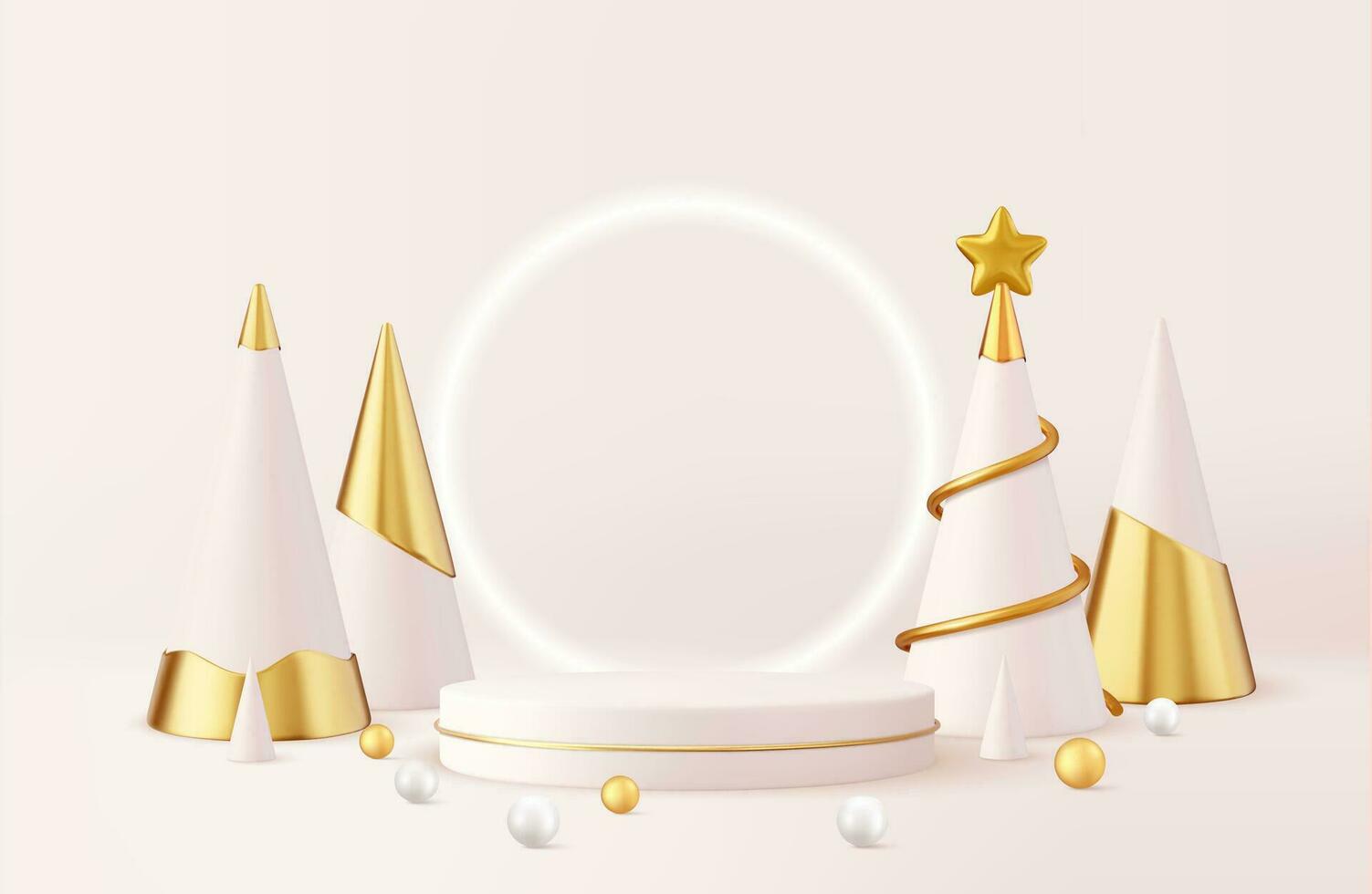 3d christmas design, golden metallic cone spiral tree with podium. Merry christmas and happy new year scene for product display presentation. 3d rendering. Vector illustration