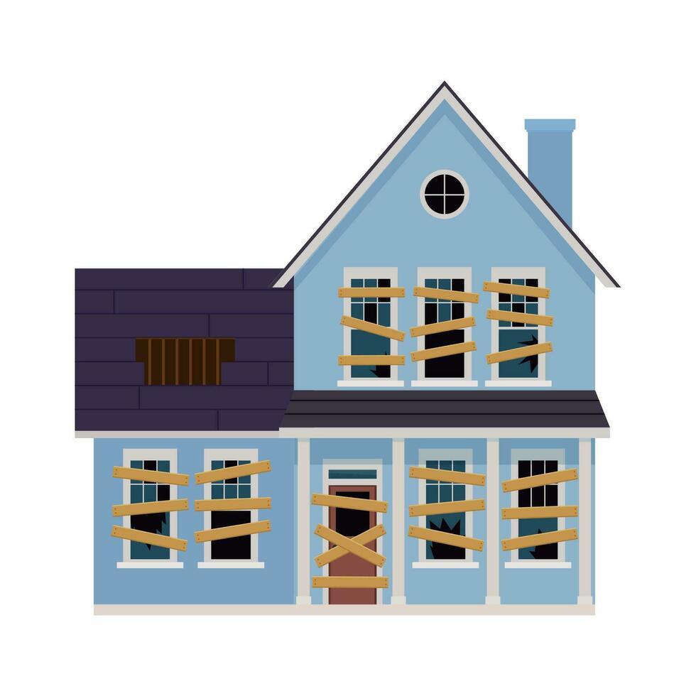 Old abandoned house cartoon. Decaying suburban cottage with broken windows. Vector illustration in a flat style