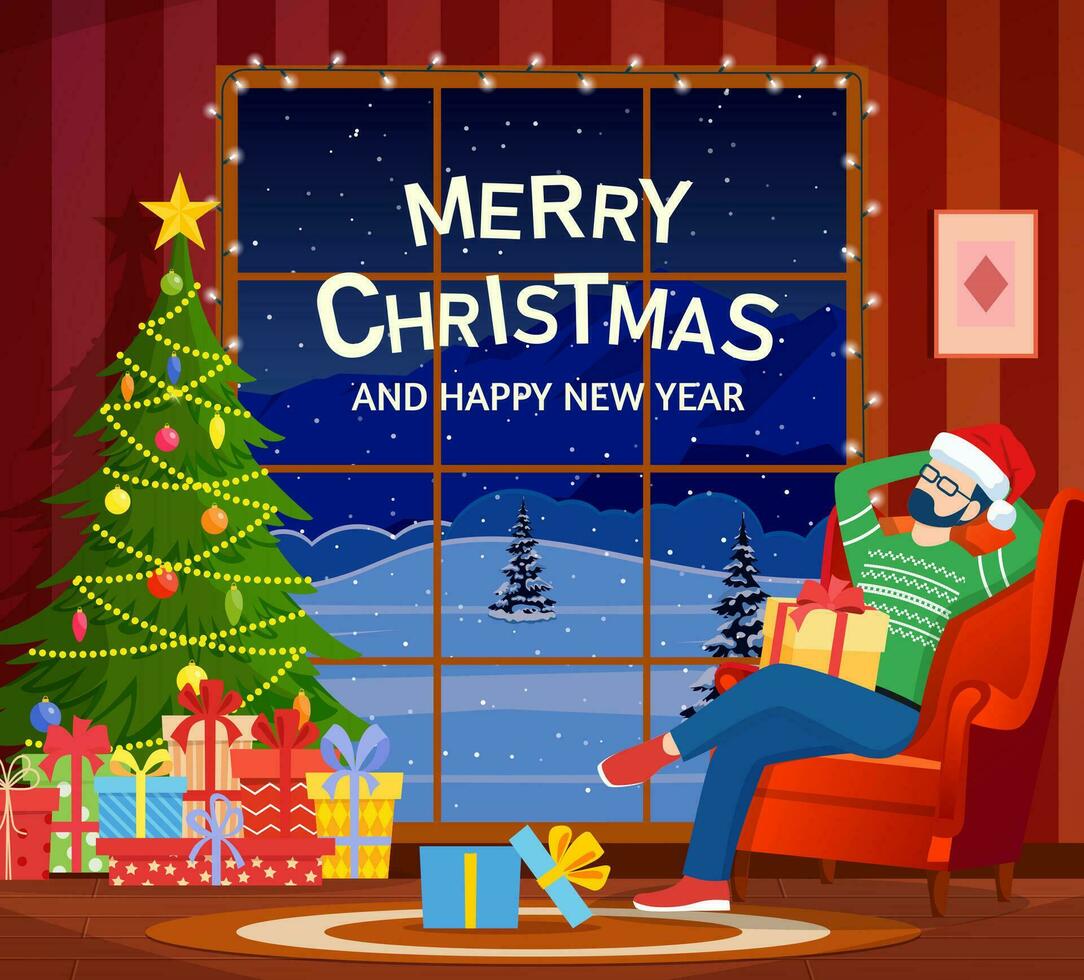 Cartoon Cozy Interior of Living Room with man on Sofa, Christmas Tree. Happy New Year Decoration. Merry Christmas Holiday. New Year and Xmas Celebration.Vector illustration in flat style vector