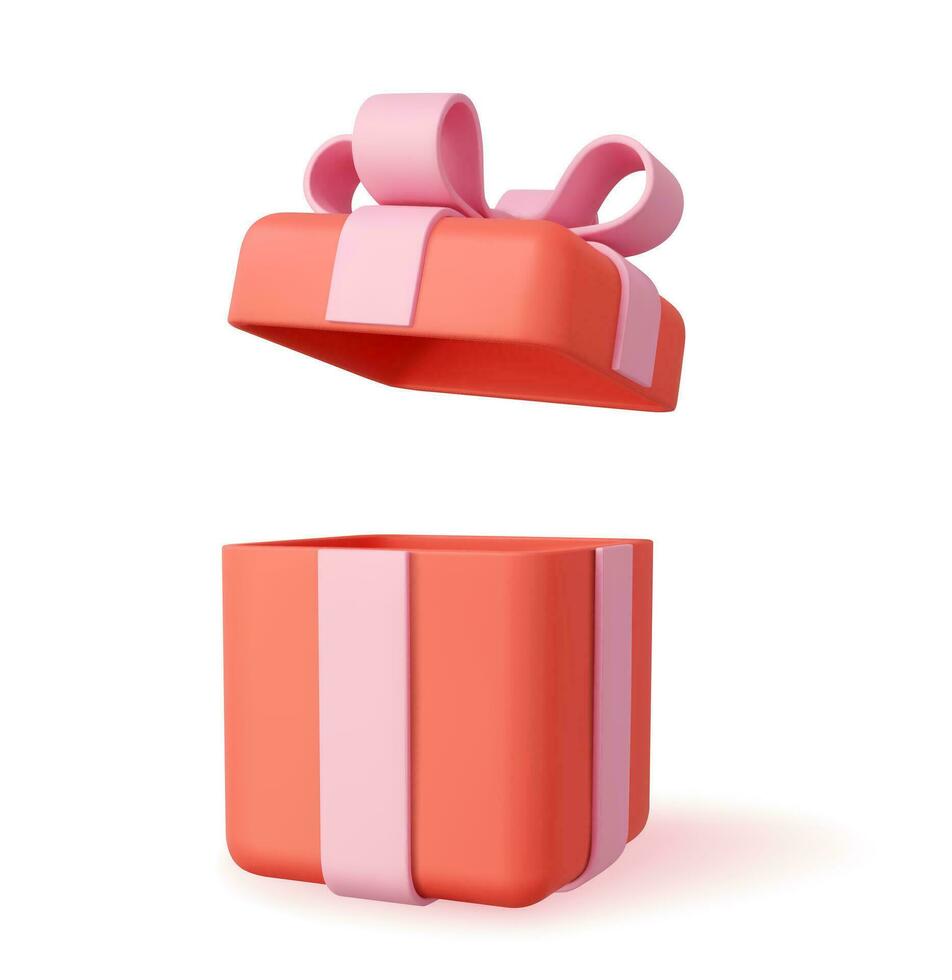 3d render open gifts box isolated on white background. Holiday decoration presents. Festive gift surprise. Realistic icon for birthday or wedding banners. Vector illustration.