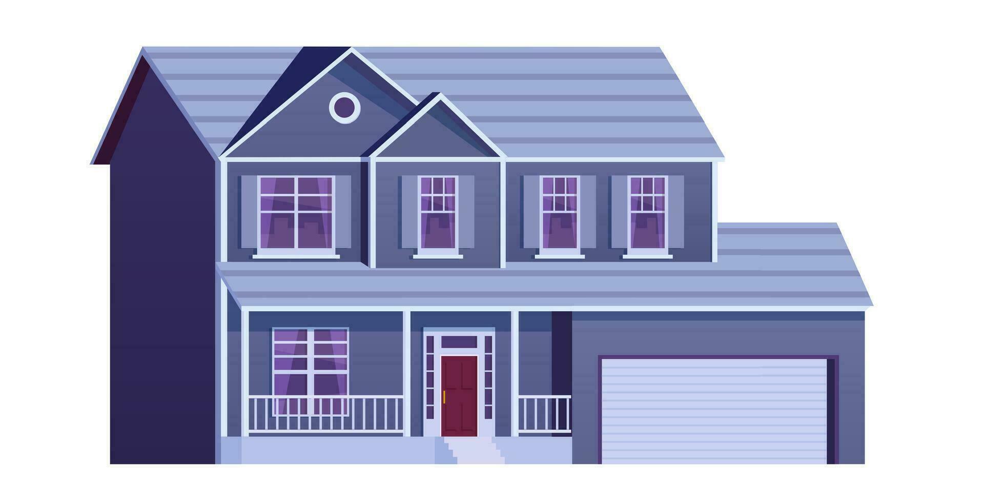 cute cartoon house. Two storey dwelling place with garage. Townhouse building. Home facade with door and windows. Vector illustration in flat style