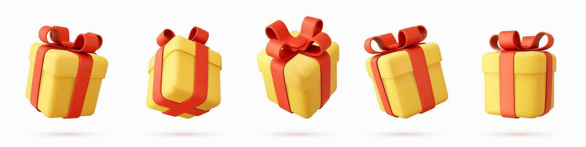Set of 3d render christmas gifts box isolated on white background. Holiday decoration presents. Festive gift surprise. Realistic icon for birthday or wedding banners. Vector illustration.