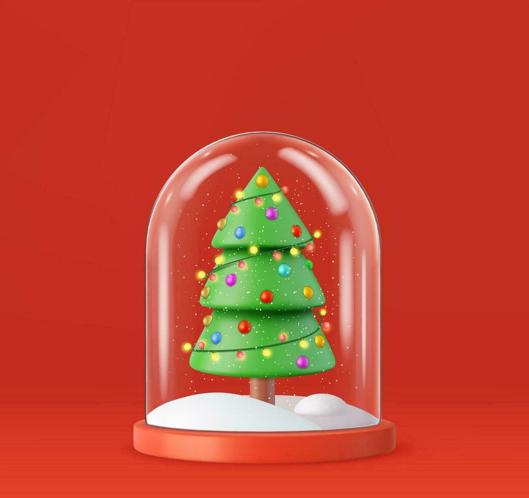 3d Merry Christmas and Happy New Year. Christmas winter snow glass ball. Realistic 3d design Xmas green tree in snow, 3d rendering. Vector illustration
