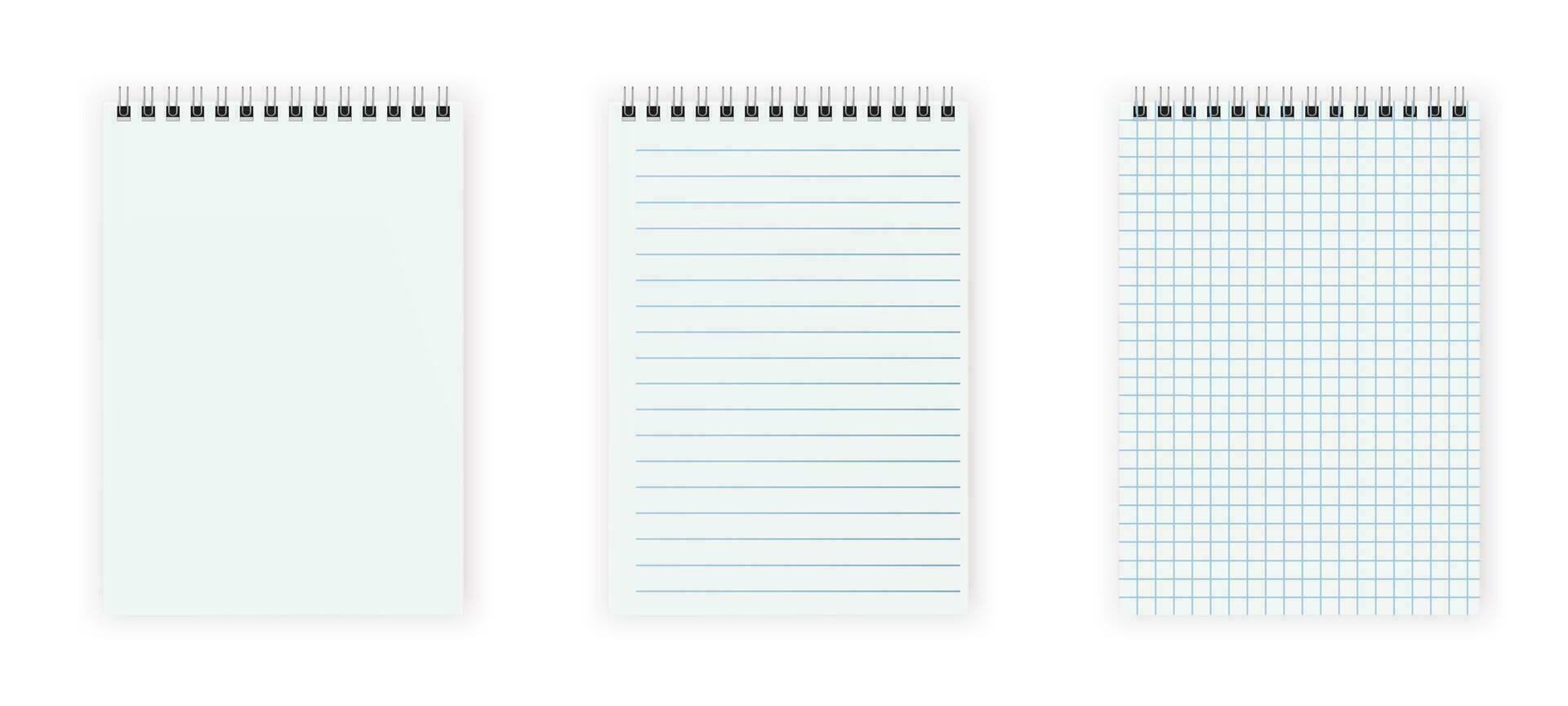 Realistic opened notebook mockups. set of blank spiral notepad notebook with lines and cell. School notepad notebook. vector illustration.