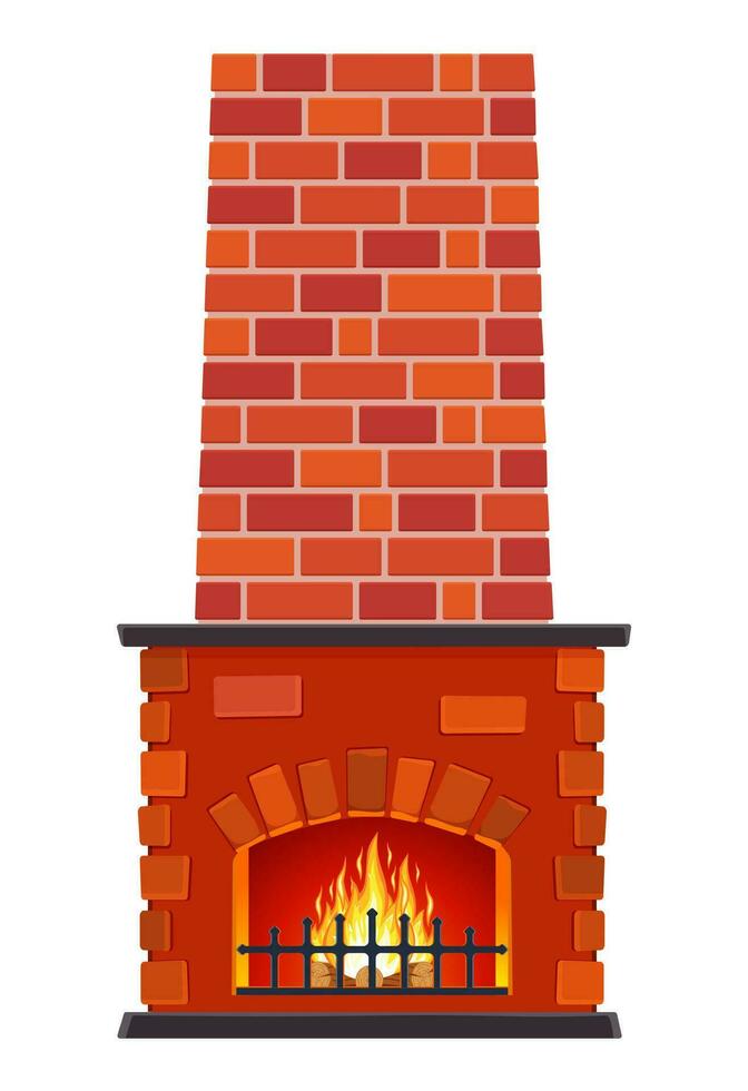 cartoon Winter interior bonfire. Classic fireplace made of red bricks, bright burning flame and smoldering logs inside. Home fireplace for comfort and relaxation. Vector illustration in flat style