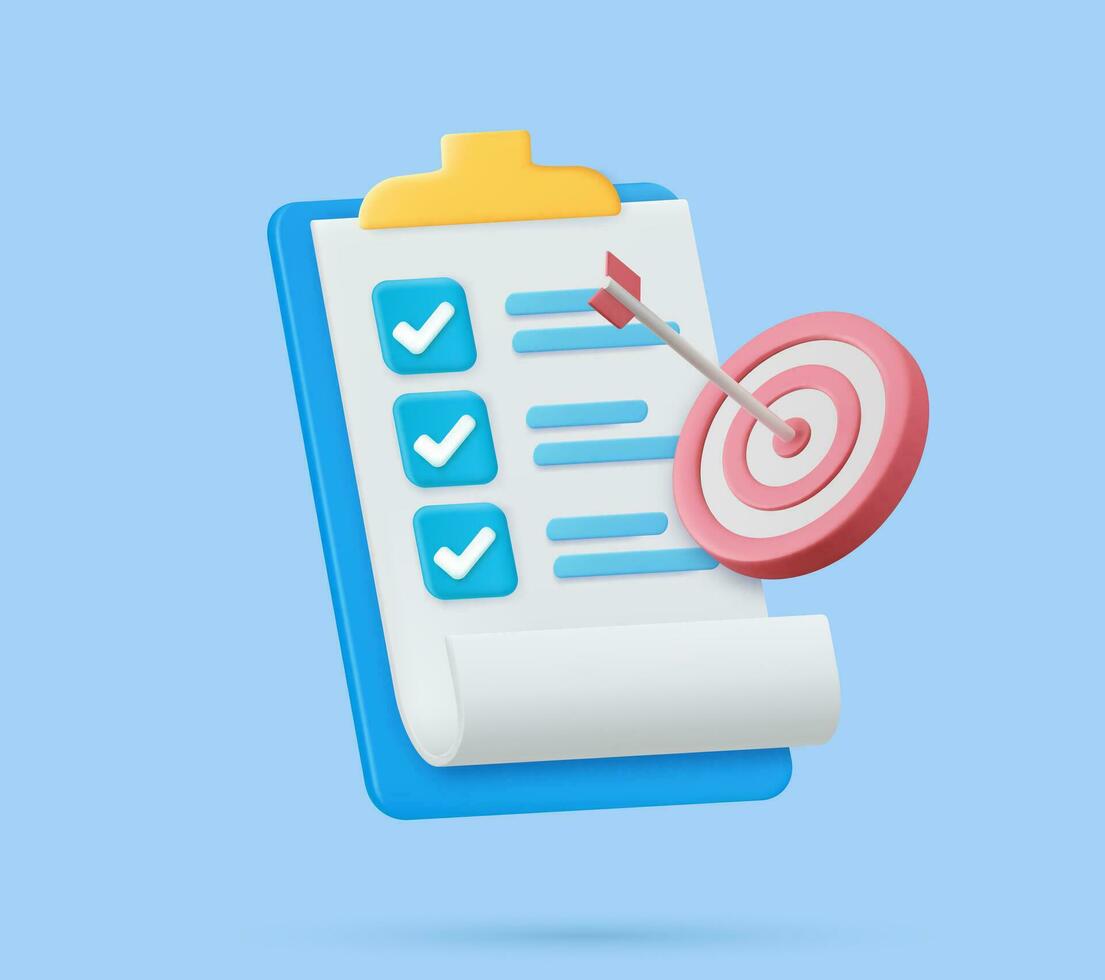 3d Clipboard, checklist symbol. Assignment target icon. Project task management and effective time planning tools. 3d rendering. Vector illustration