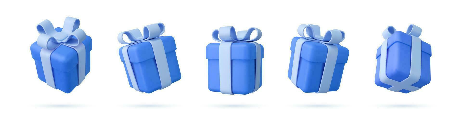 conjunto de realista regalos cajas aislado en un blanco antecedentes. cinco regalo cajas con arcos y cintas fiesta decoración presenta festivo regalo sorpresa. 3d representación. vector ilustración