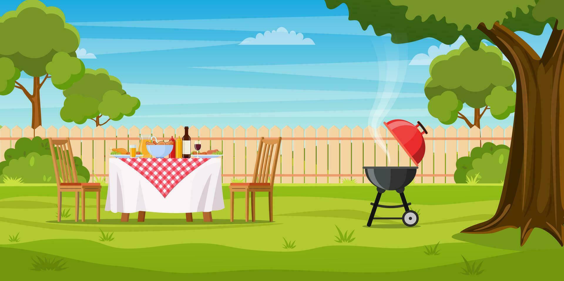 bbq party in the backyard with fence, trees, bushes. picnic with barbecue on summer lawn in park or garden food on table, chairs. vector illustration in flat design