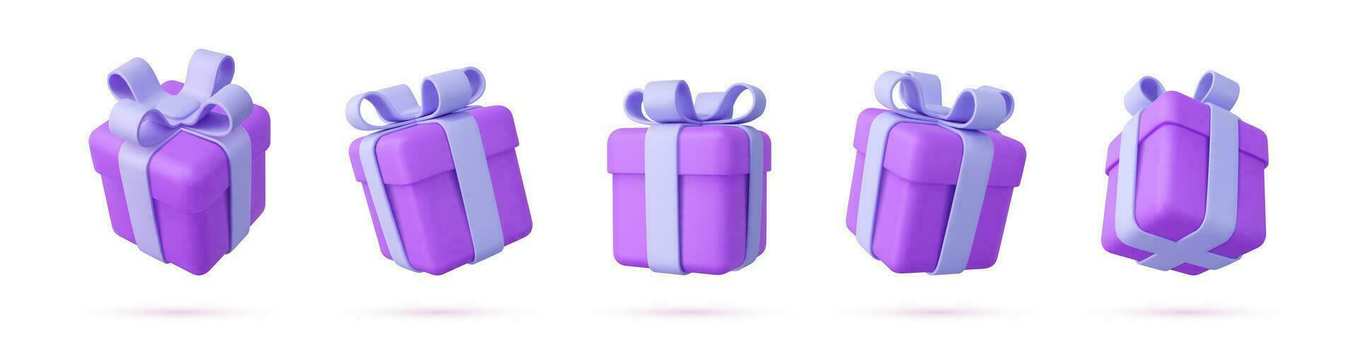 Set of Realistic christmas gifts boxes isolated on a white background. five gift boxes with bows and ribbons. Holiday decoration presents. Festive gift surprise. 3d rendering. Vector illustration