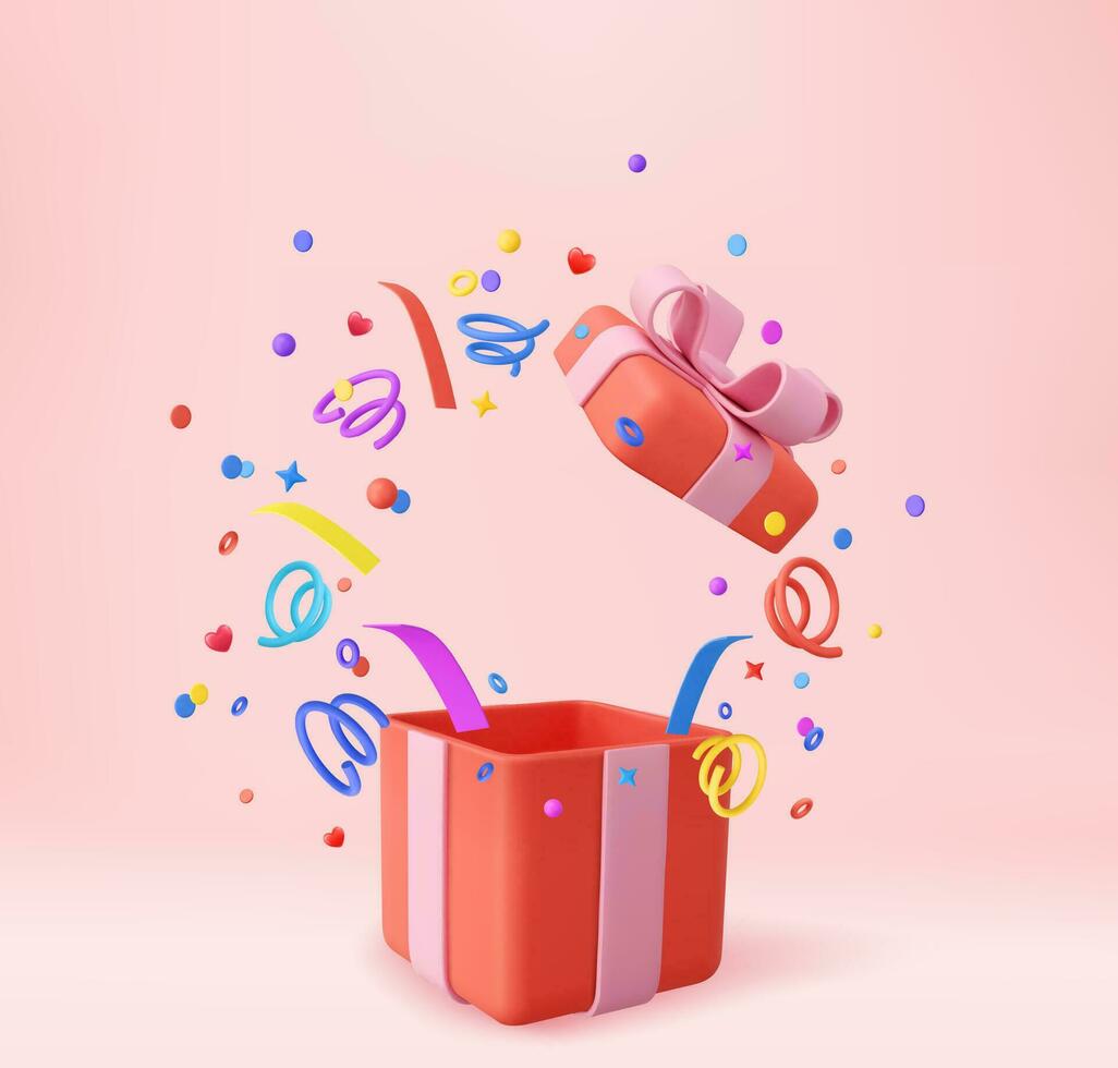 3d Cute Surprise Gift Box With Falling Confetti. Present box as prize concept. Christmas and New Year s surprise. Present box for birthday. 3d rendering. Vector illustration