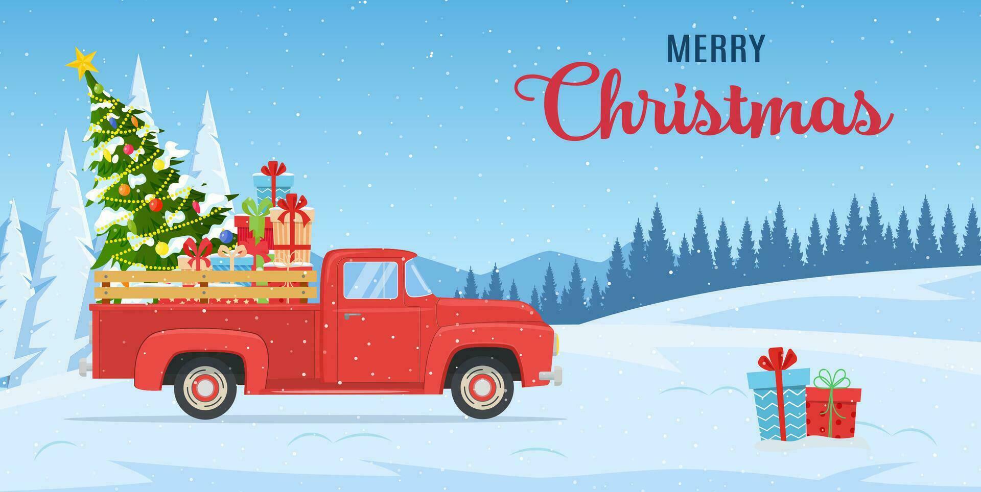 cartoon Christmas and New Year greeting card.Christmas card or poster design with retro red pickup truck with christmas tree and gift boxes on board. Vector illustration in flat style