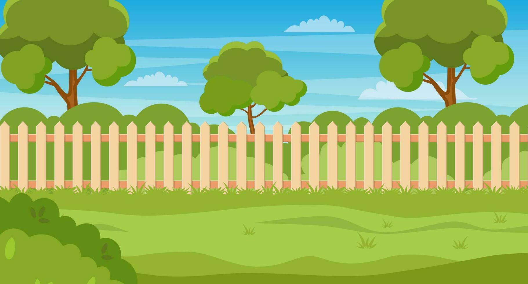 Garden backyard with wooden fence hedge, green trees and bushes, grass , park plants. Spring or summer landscape. Patio area for BBQ summer parties. Vector illustration in flat style