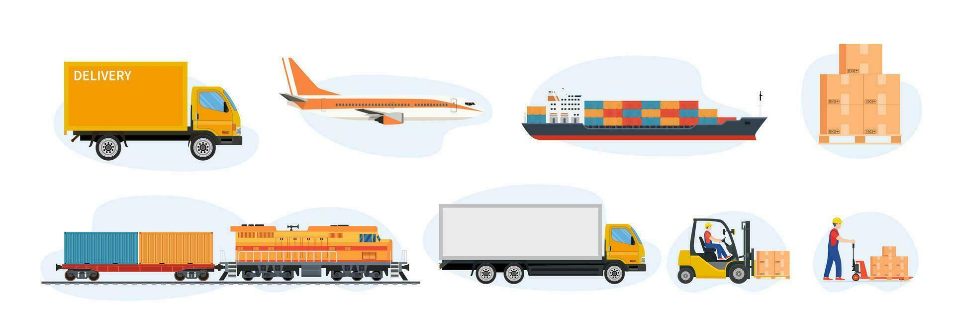 Delivery and logistics transport icons. Cargo freight shipment, parcels storehouse logistics and delivery car, airplane, ship and forklift truck loader. Vector illustration in flat style