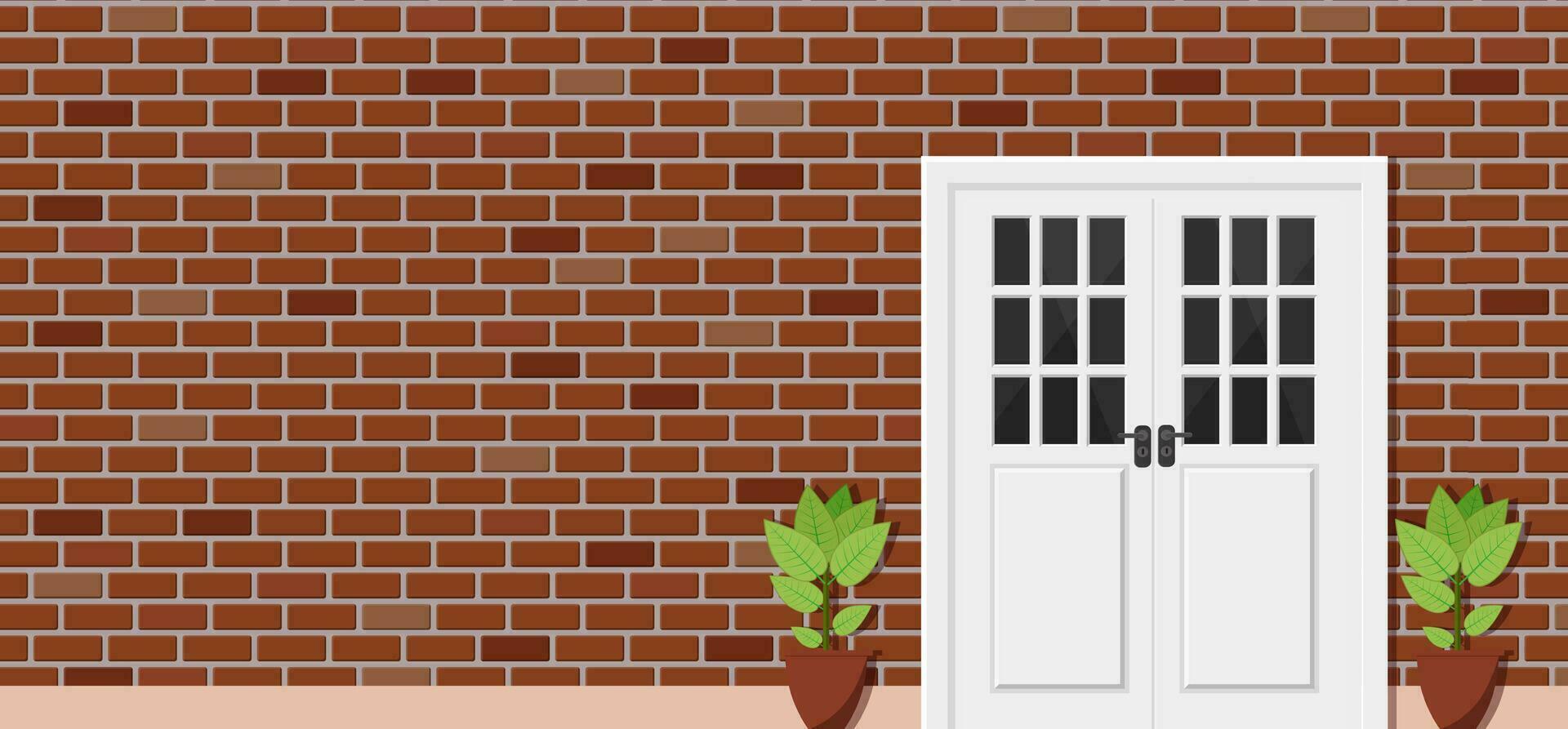 Wooden door of brick house front view, architecture background, building home real estate backdrop. Vector illustration in flat style