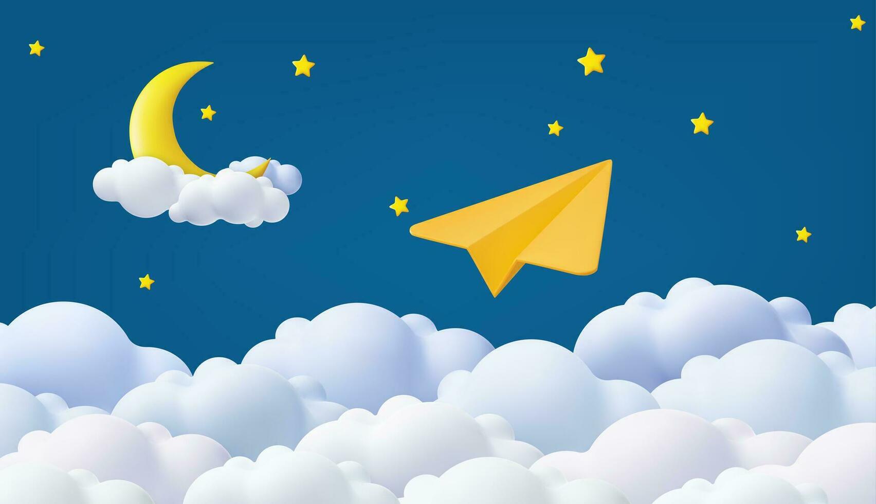 3d Good night and sweet dreams banner. Fluffy clouds on dark sky background with gold moon and stars. 3d paper airplane with clouds . 3d rendering. Vector illustration