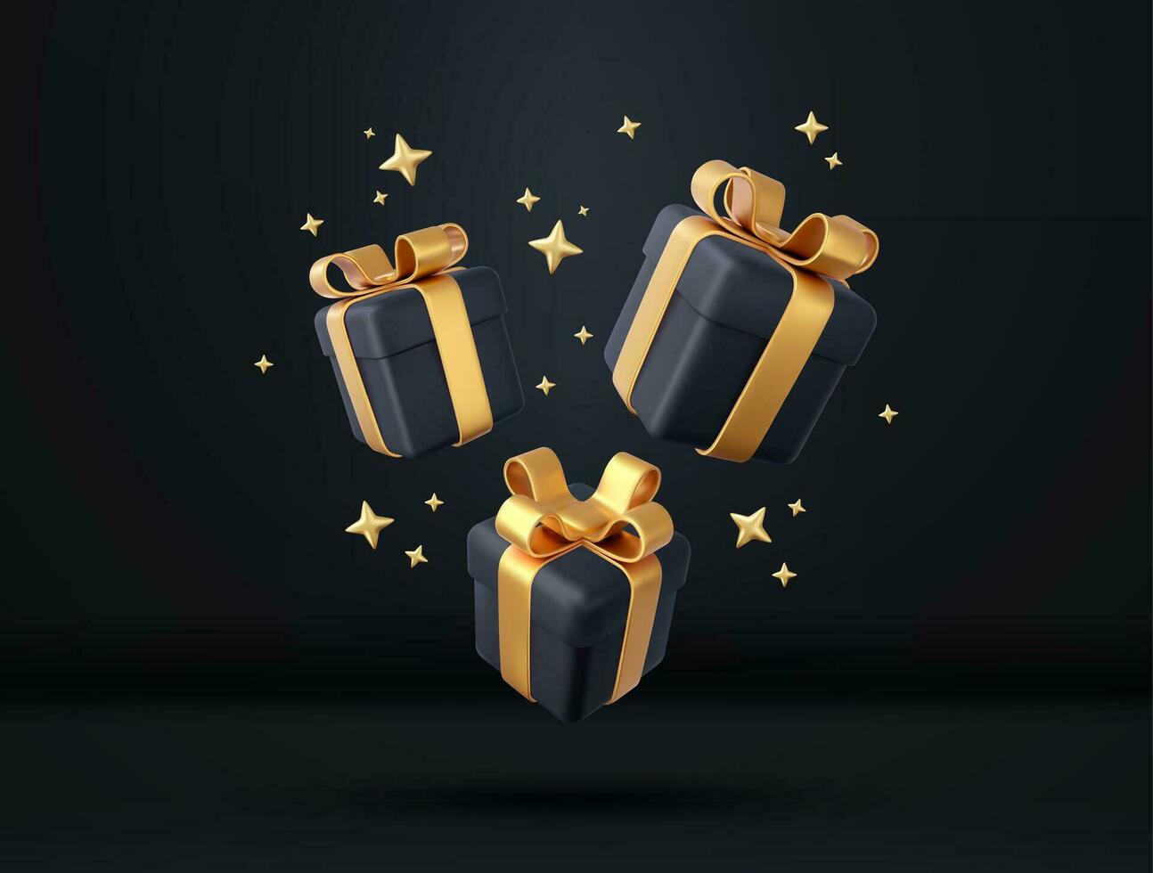 3d black gift boxes with golden ribbon and bow. Birthday celebration concept. Merry New Year and Merry Christmas black gift boxes with golden bows. 3d rendering. Vector illustration