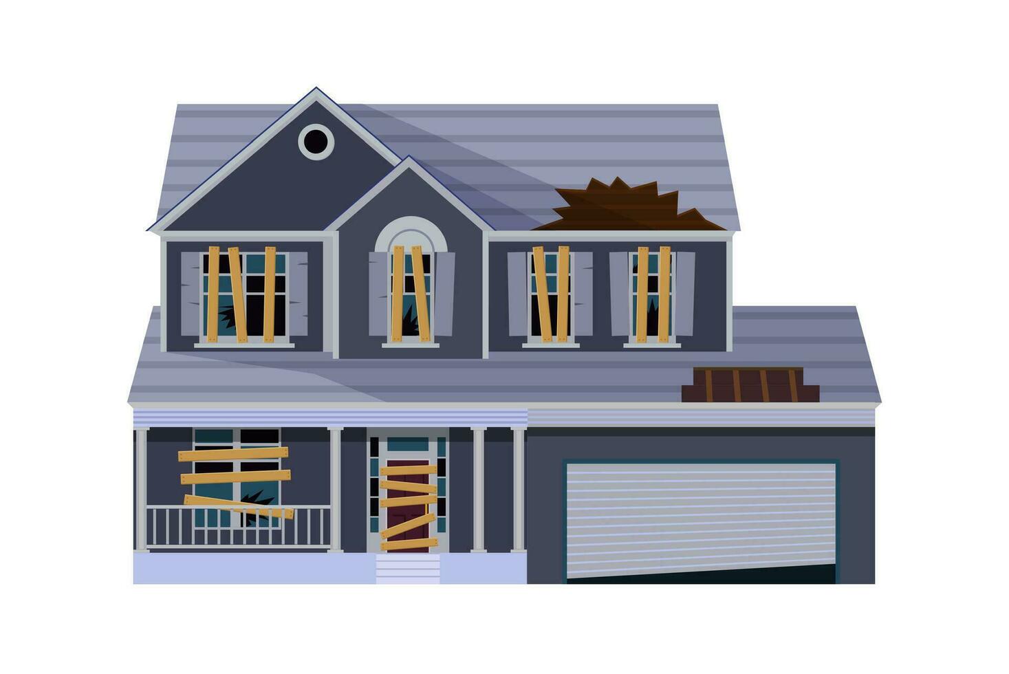 Old abandoned house cartoon. Decaying suburban cottage with broken windows. Vector illustration in a flat style