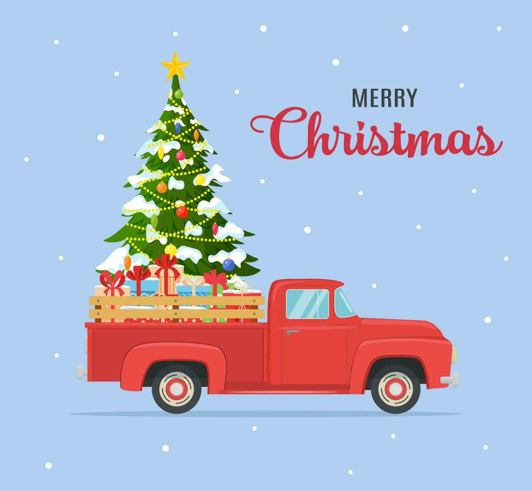 Christmas card or poster design with retro red pickup truck with christmas tree and gift boxes on board. Template for new year party or event invitation or flyer. Vector illustration in flat style