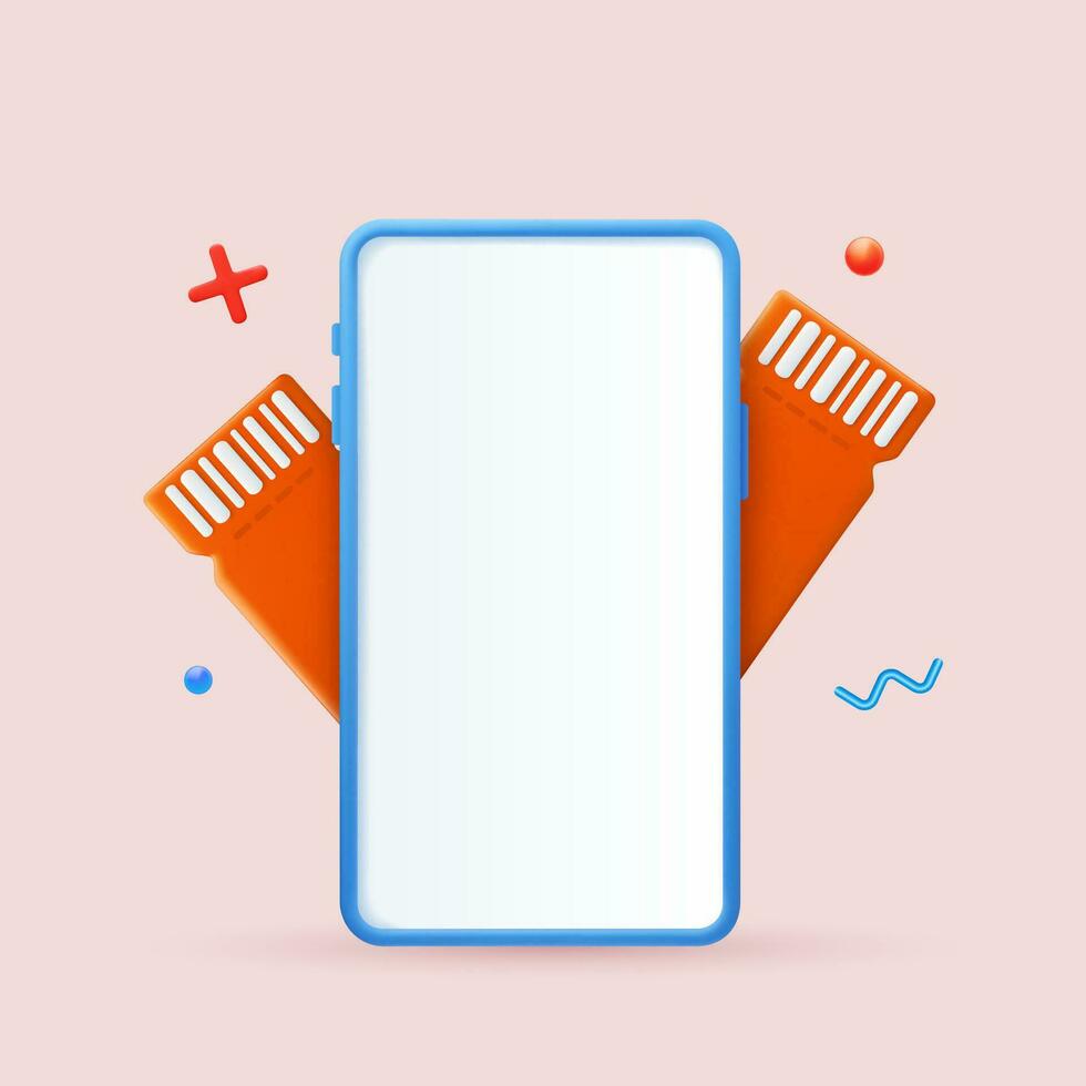 3d hacer teléfono con un blanco pantalla y cupones . vale tarjeta efectivo espalda modelo Bosquejo. vector ilustración