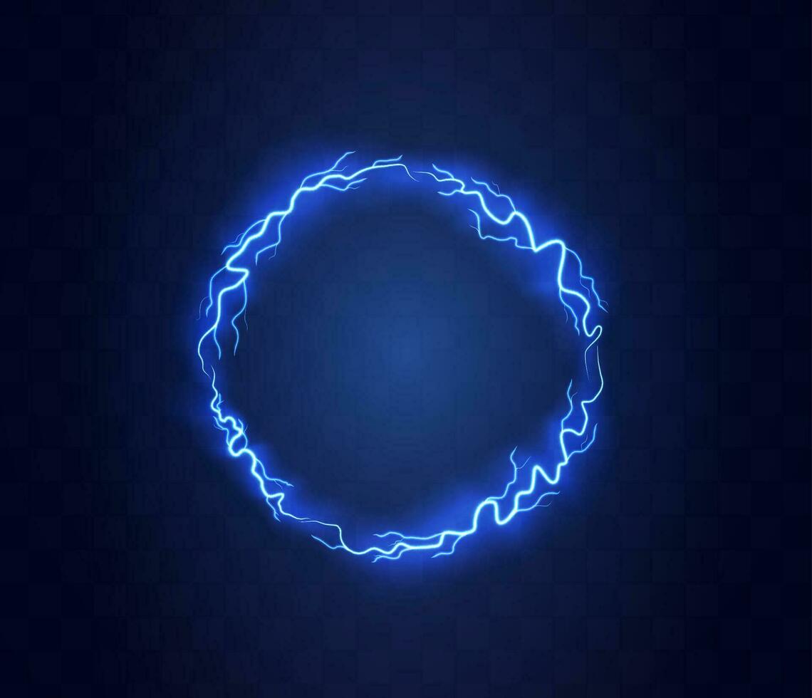 Realistic magic circle of thunder storm blue lightnings. Magic and bright lighting effects. Electric circle. Round frame with electricity and lightnings. vector