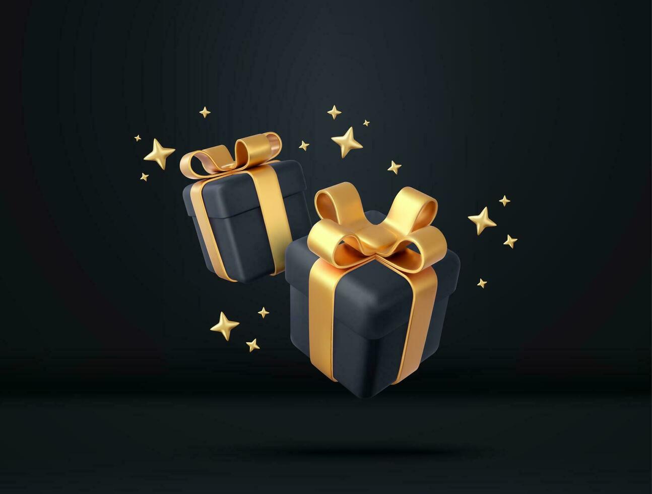 3d negro regalo cajas con dorado cinta y arco. cumpleaños celebracion concepto. alegre nuevo año y alegre Navidad negro regalo cajas con dorado arcos 3d representación. vector ilustración