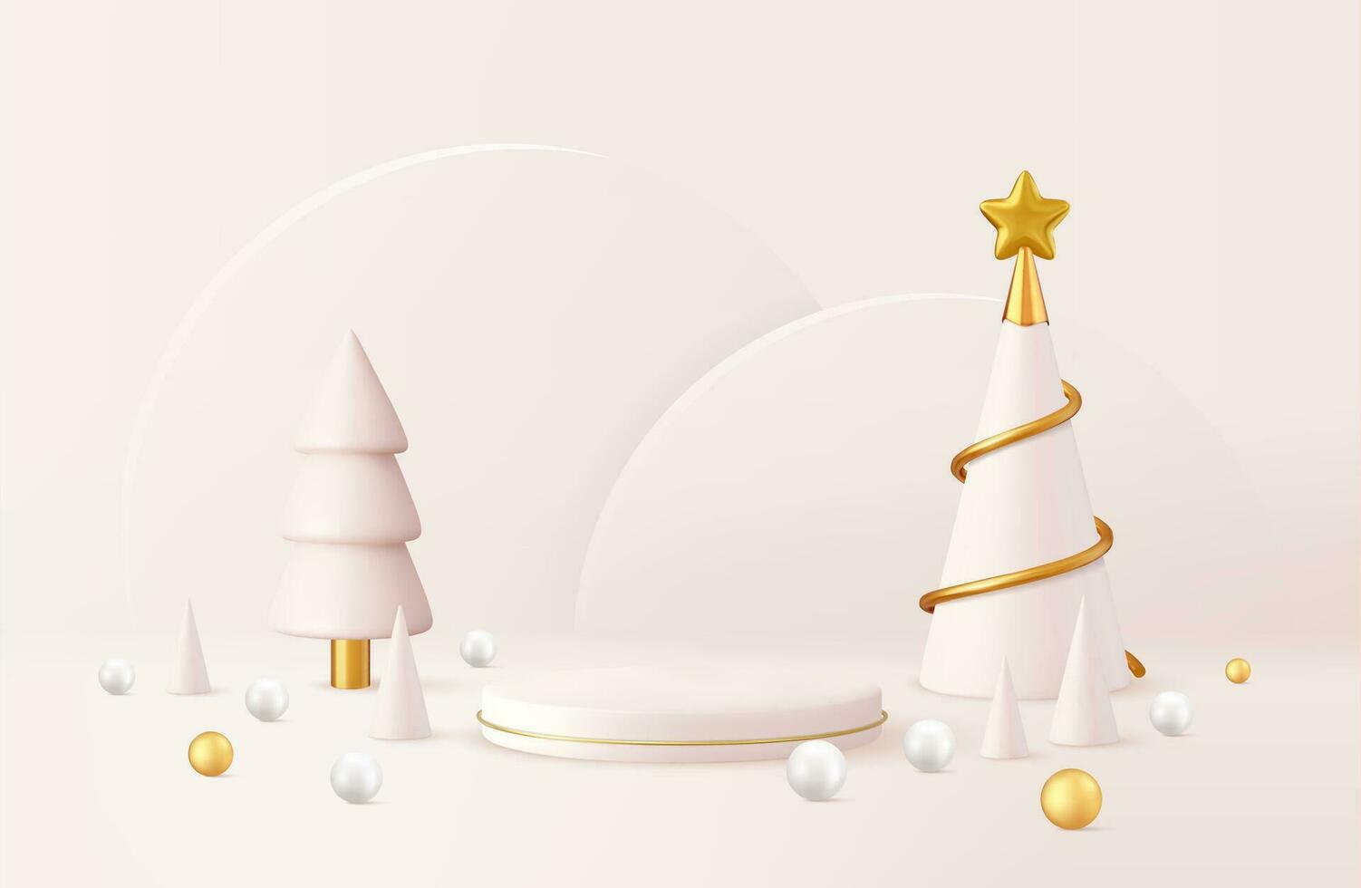 3d Navidad diseño, dorado metálico cono espiral árbol con podio. Navidad y nuevo año antecedentes. 3d representación. vector ilustración