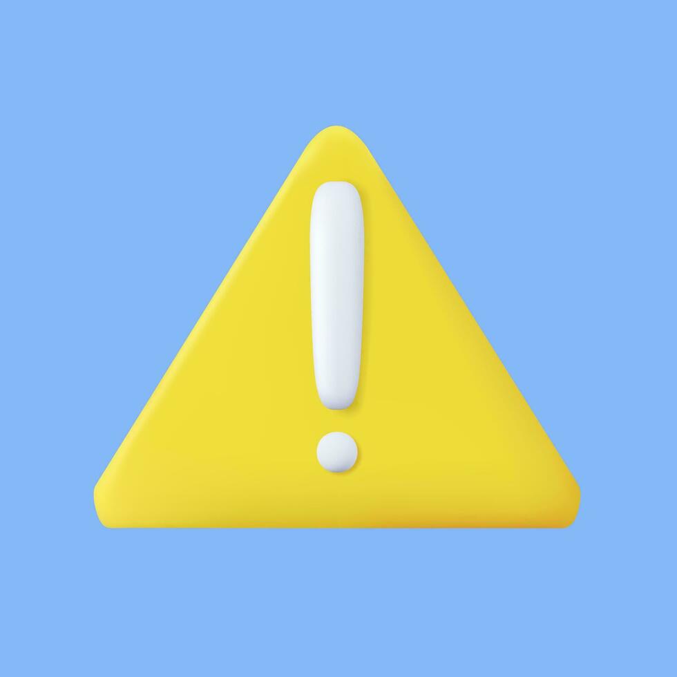 3d Yellow triangle button with exclamation point icon Secure signal warning attention caution or error. 3d rendering. Vector illustration